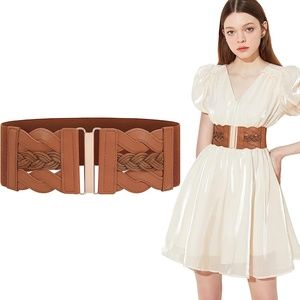 NWOT Women Vintage Elastuc Waist Belt Brown 89cm Pu Leather And Polyester